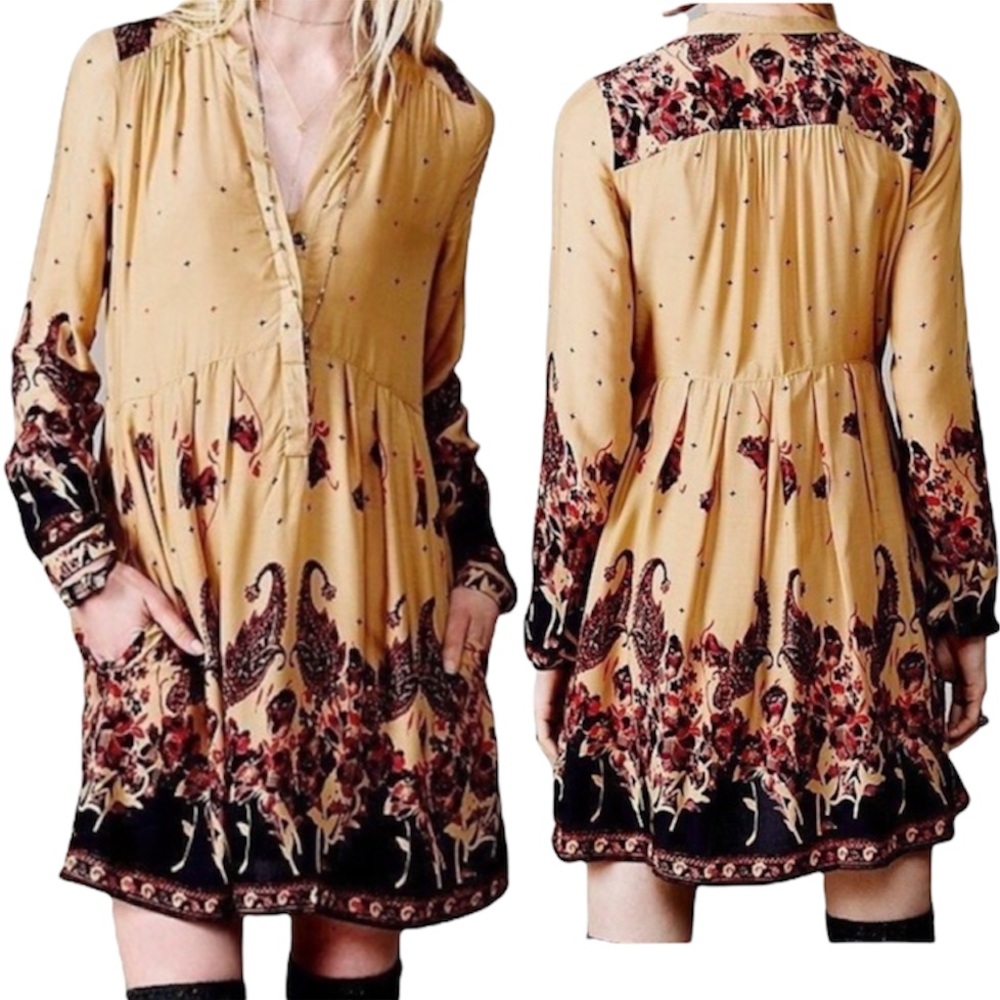 Free People Sierra Valley Tan Floral Boho Shirt Dress Size Large